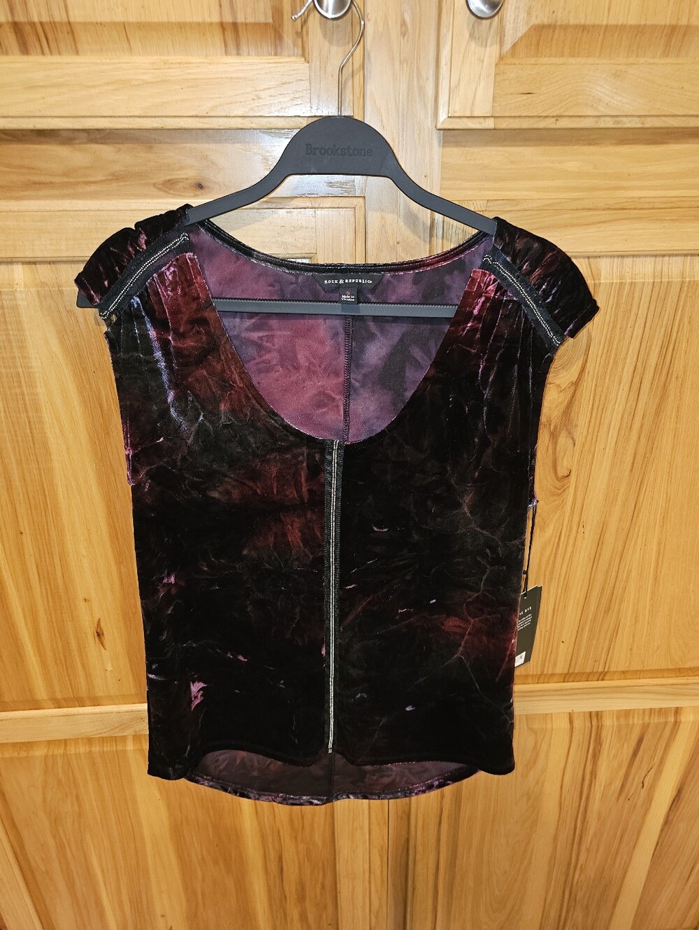 Velvet Short Sleeve Faux Zip-Front Tie Dye Top